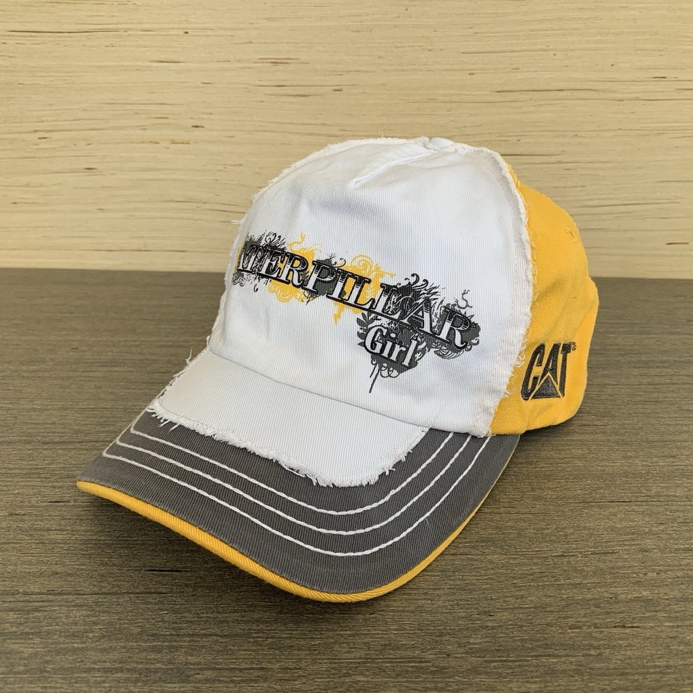 Caterpillar Girl CAT Distressed Women's Adjustable Yellow White Graphic Hat Cap
